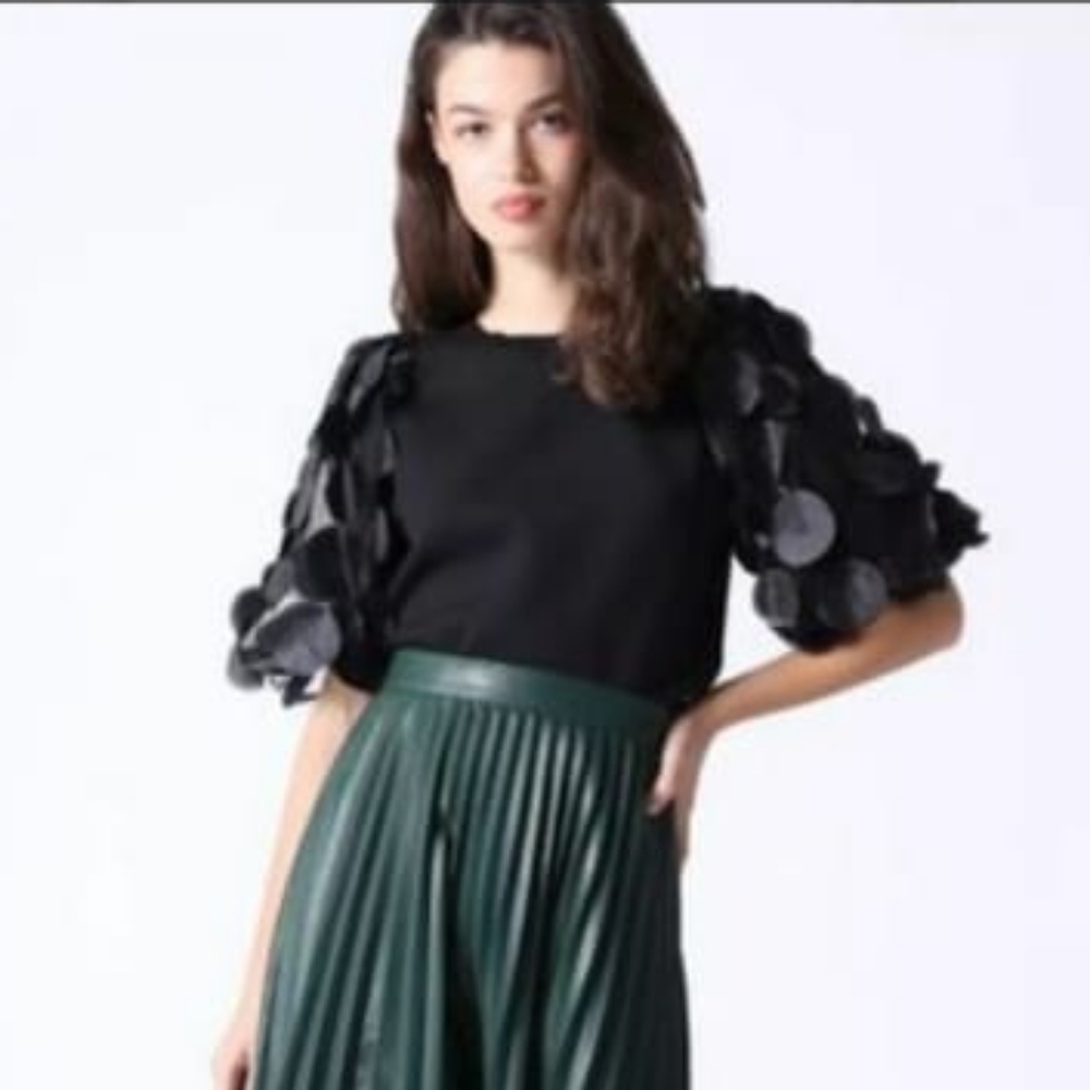 Gracia Puff Contrast Mesh Applique Short sleeves top